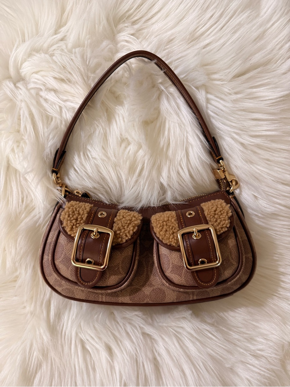 Coach Brown Shearling-Trim Dual Pocket Shoulder Bag